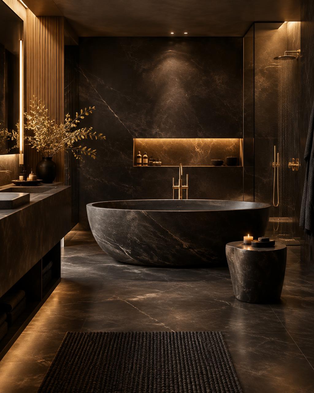 Dark stone bathroom with freestanding tub and brass fixtures