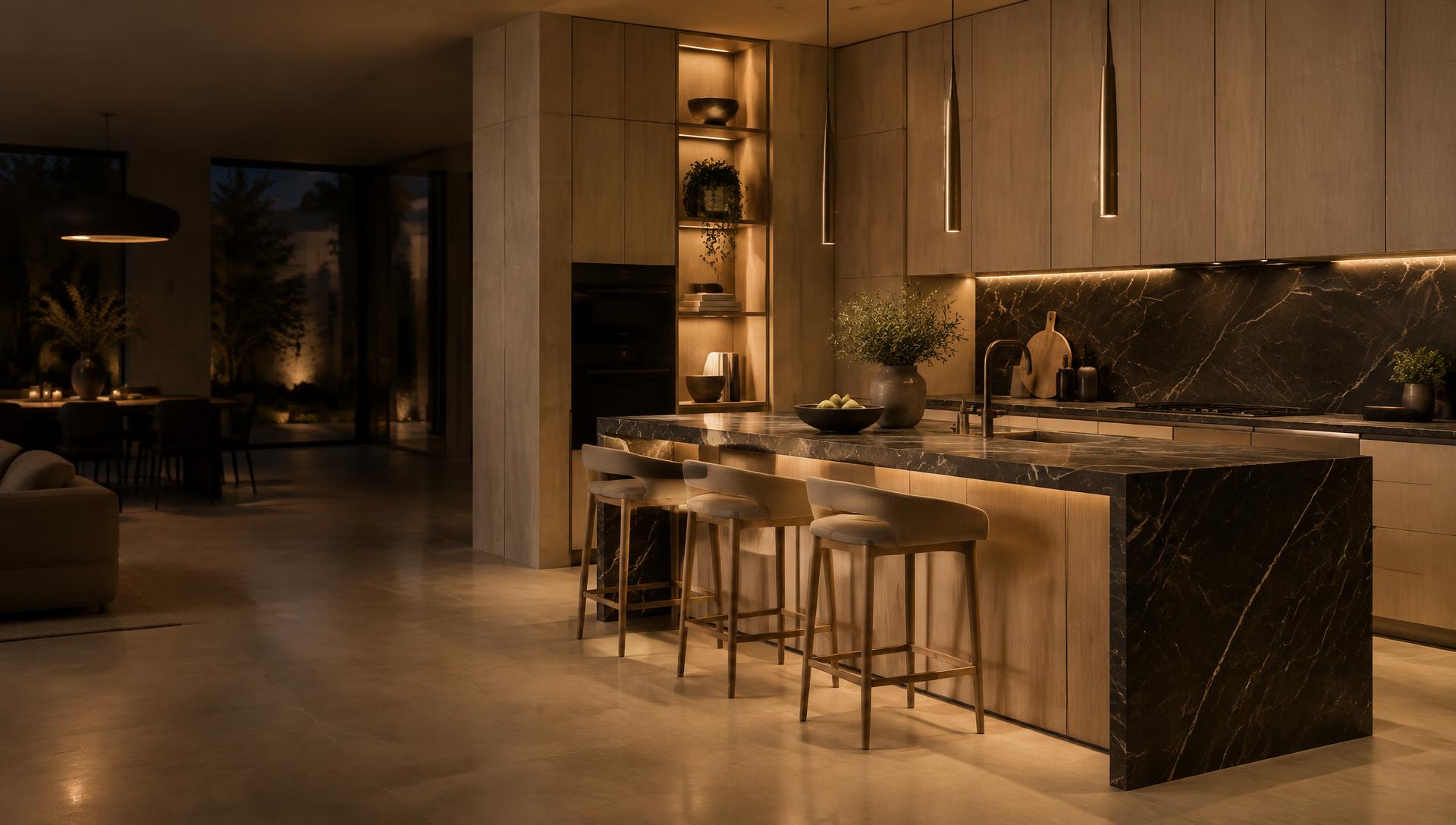 Warm beige modern kitchen with oak cabinetry and black marble backsplash